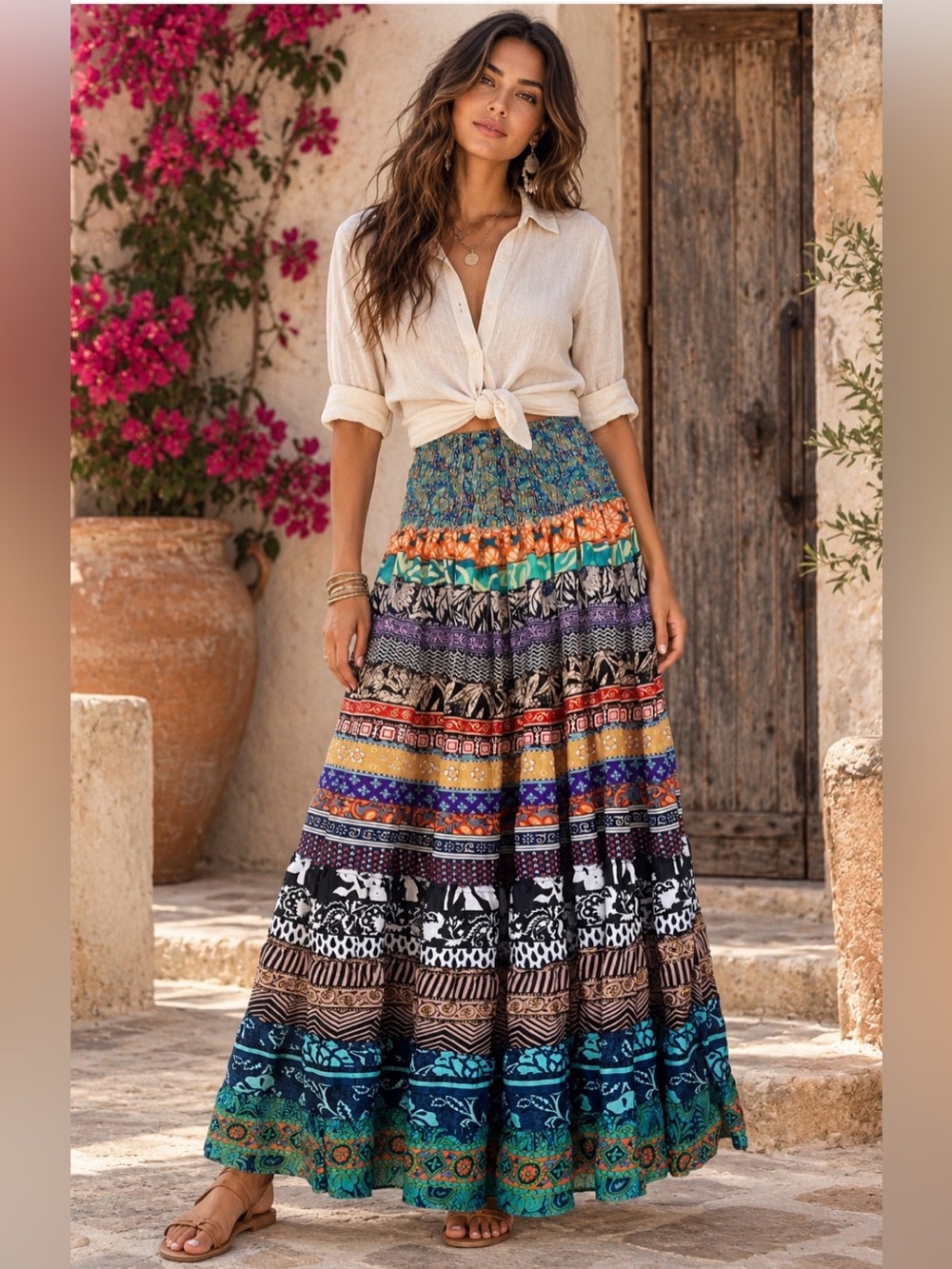 Boho Tiered Maxi Skirt in Multi Color